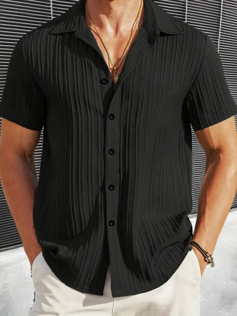 Men's Casual Short Sleeve Shirt, 100% Polyester Solid Color Lapel Collar Button-