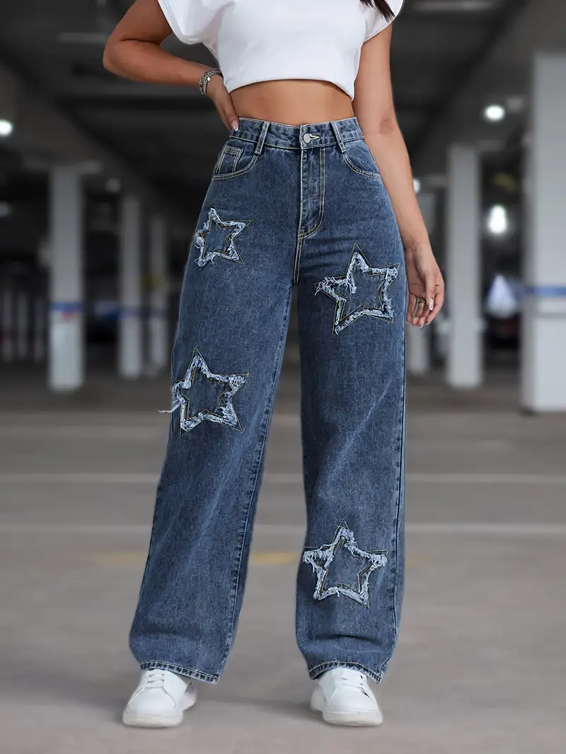 Women's Elegant Star Straight-Leg Jeans - Stretch Denim, Comfort Fit with Slant 